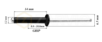 3.2mm x 14mm Black Blind Rivets ALU/STEEL Dome Head Pop Rivets – Aluminium Body Steel Mandrel