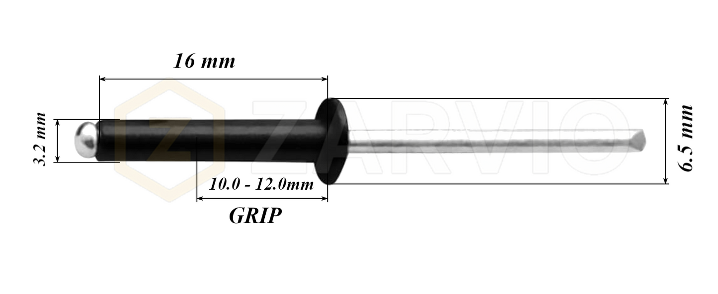 3.2mm x 16mm Black Blind Rivets ALU/STEEL Dome Head Pop Rivets – Aluminium Body Steel Mandrel