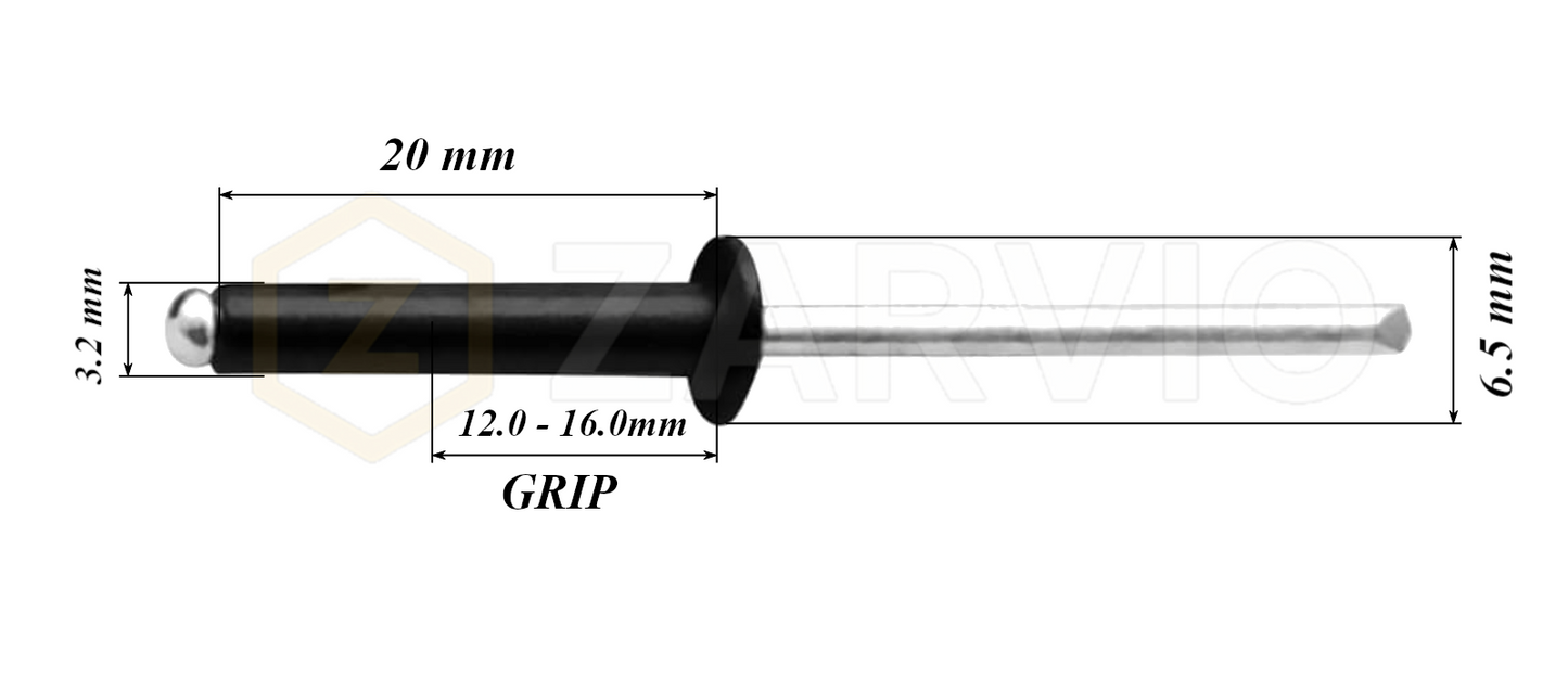 3.2mm x 20mm Black Blind Rivets ALU/STEEL Dome Head Pop Rivets – Aluminium Body Steel Mandrel