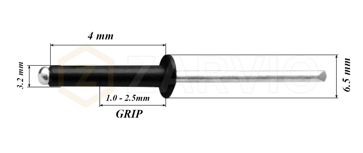 3.2mm x 4mm Black Blind Rivets ALU/STEEL Dome Head Pop Rivets – Aluminium Body Steel Mandrel