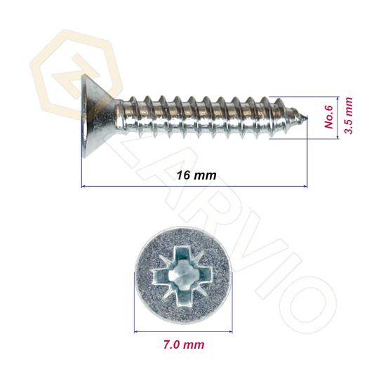 3.5mm x 16mm → (No.6 x 5/8") Countersunk Wood Screw with Full Thread (Zinc Plated)