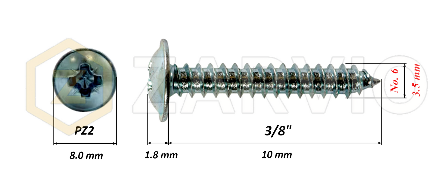 3.5mm x 10mm → (No.6 x 3/8") Wood Screw with Washer Head Fully Threaded Zinc Plated