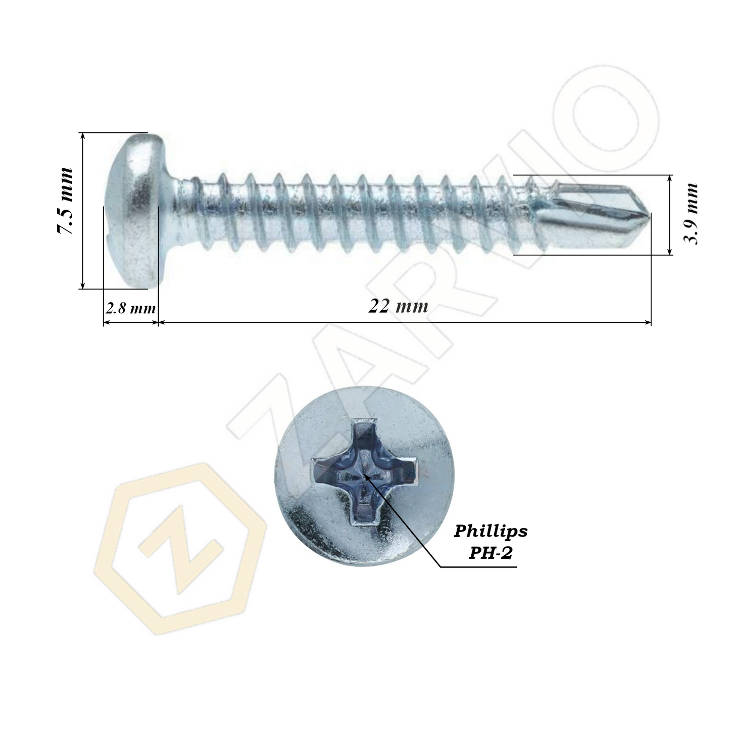3.9mm x 22mm Pan Head Self-Drilling Screws (Zinc Plated)
