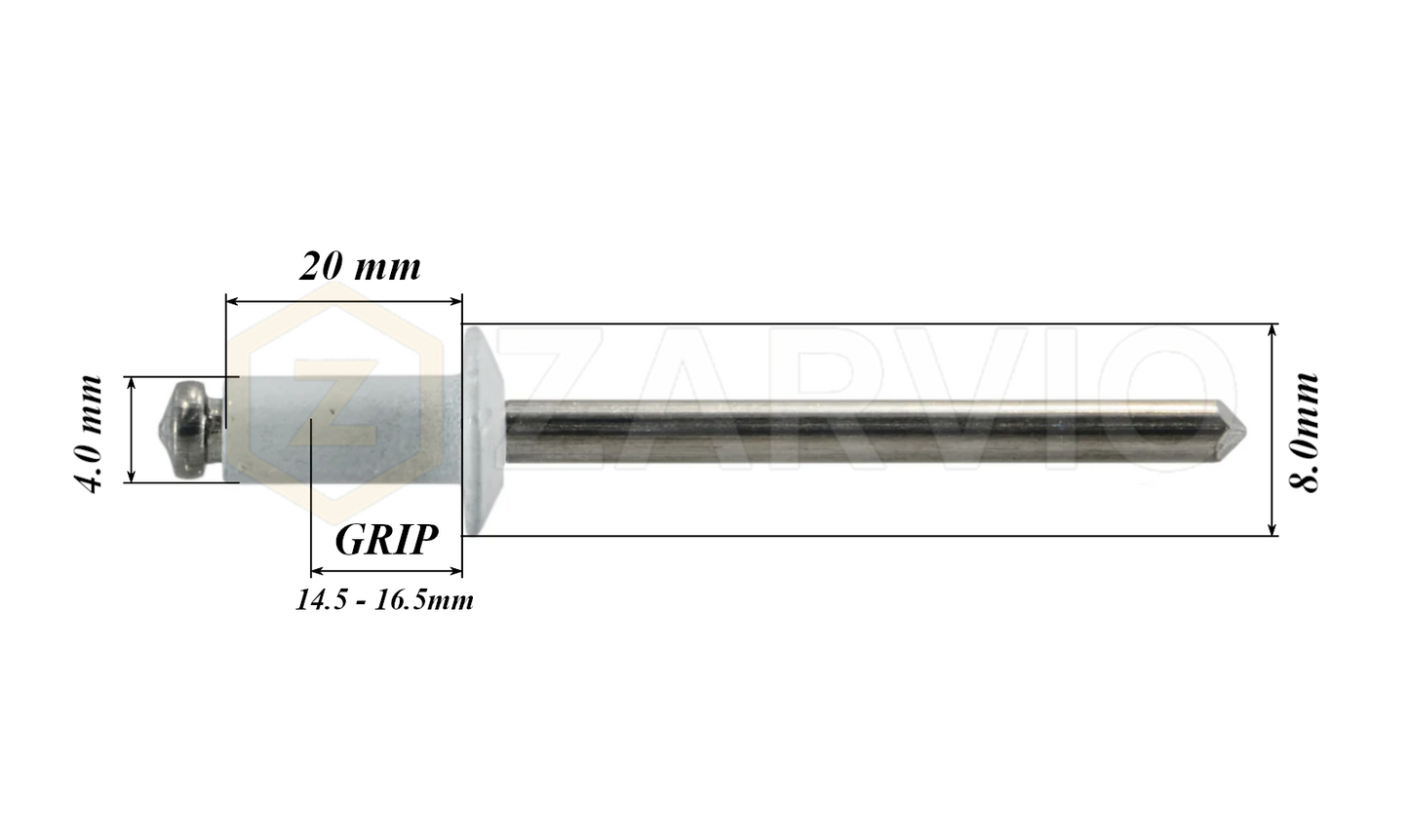 4.0mm x 20mm White Blind Rivets ALU/STEEL Dome Head Pop Rivets – Aluminium Body Steel Mandrel