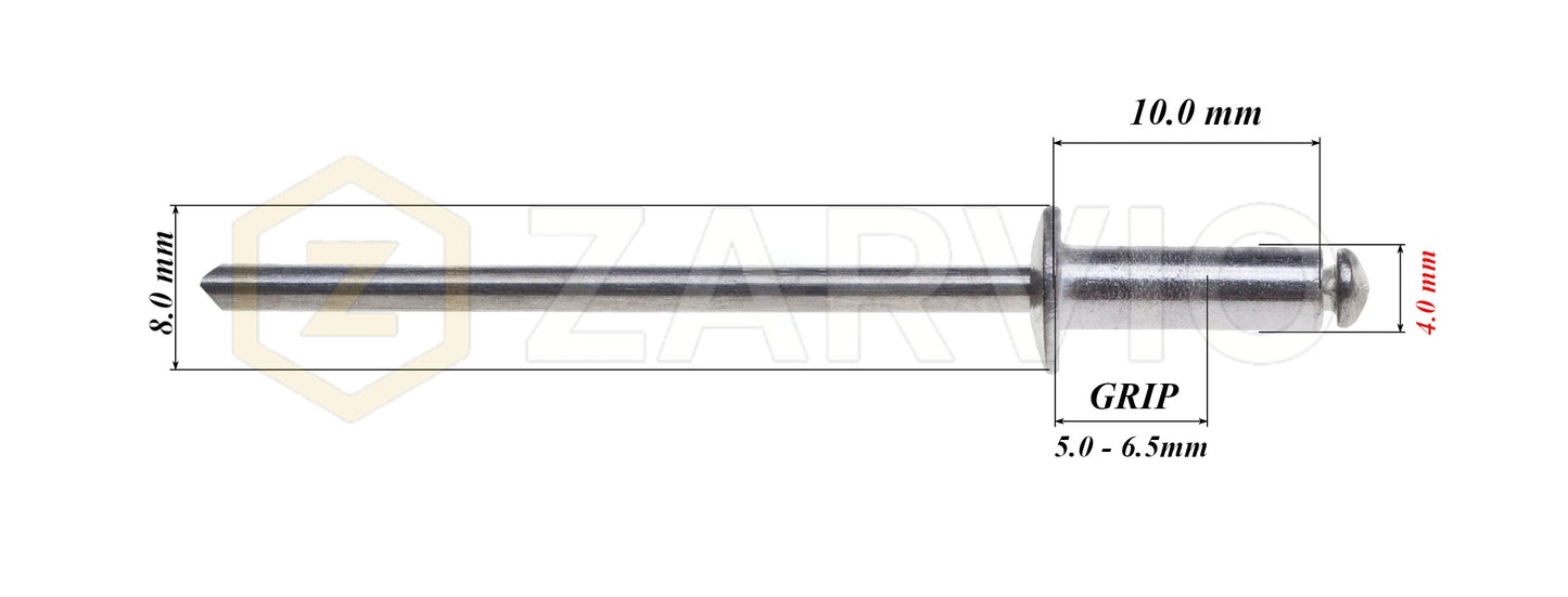 4.0mm x 10mm Flat head blind rivet, aluminum-steel