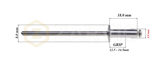 4.0mm x 18mm Flat head blind rivet, aluminum-steel