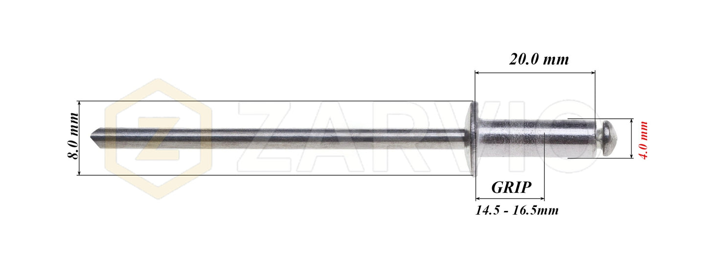 4.0mm x 20mm Flat head blind rivet, aluminum-steel