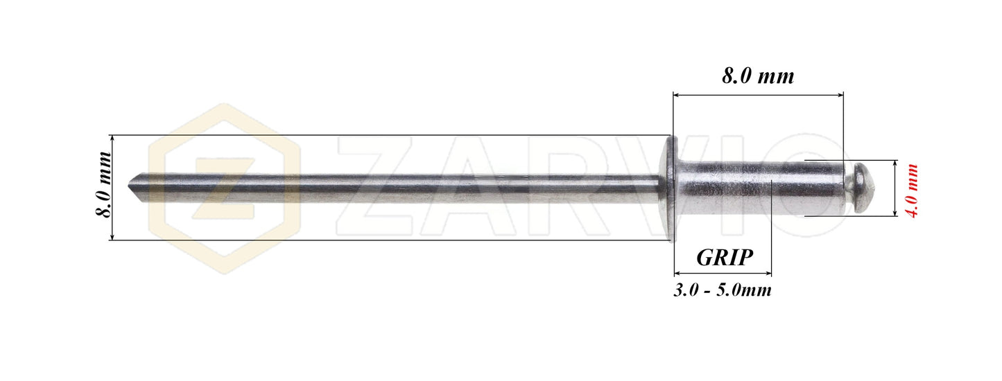 4.0mm x 8mm Flat head blind rivet, aluminum-steel
