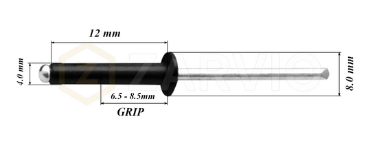 4.0mm x 12mm Black Blind Rivets ALU/STEEL Dome Head Pop Rivets – Aluminium Body Steel Mandrel