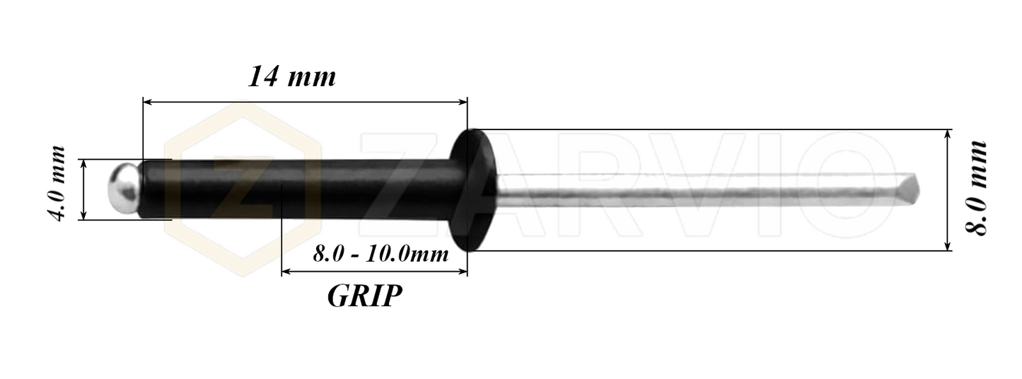 4.0mm x 14mm Black Blind Rivets ALU/STEEL Dome Head Pop Rivets – Aluminium Body Steel Mandrel