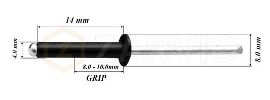 4.0mm x 14mm Black Blind Rivets ALU/STEEL Dome Head Pop Rivets – Aluminium Body Steel Mandrel