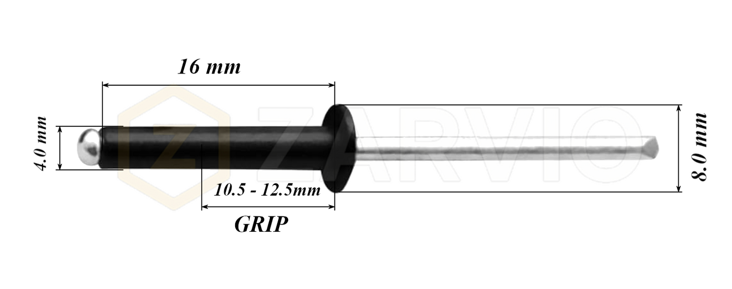 4.0mm x 16mm Black Blind Rivets ALU/STEEL Dome Head Pop Rivets – Aluminium Body Steel Mandrel