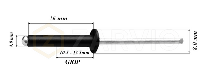4.0mm x 16mm Black Blind Rivets ALU/STEEL Dome Head Pop Rivets – Aluminium Body Steel Mandrel