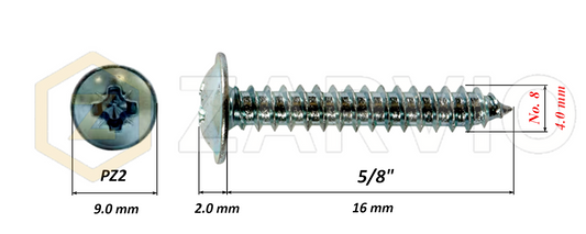 4.0mm x 16mm → (No.8 x 5/8") Wood Screw with Washer Head Fully Threaded Zinc Plated