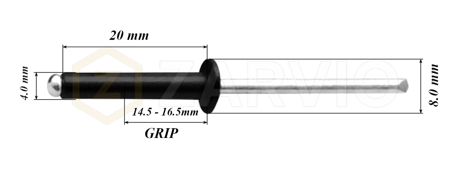 4.0mm x 20mm Black Blind Rivets ALU/STEEL Dome Head Pop Rivets – Aluminium Body Steel Mandrel