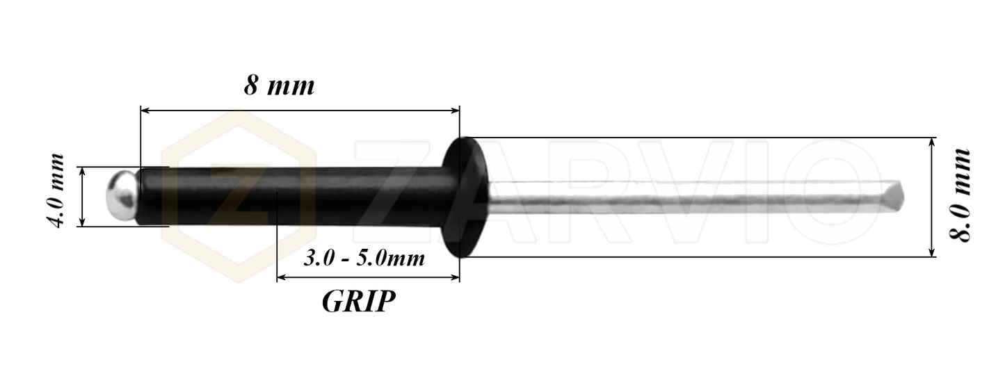 4.0mm x 8mm Black Blind Rivets ALU/STEEL Dome Head Pop Rivets – Aluminium Body Steel Mandrel