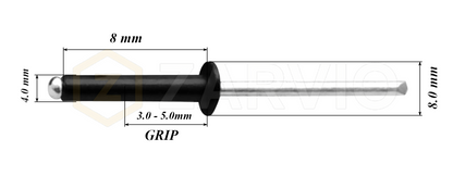 4.0mm x 8mm Black Blind Rivets ALU/STEEL Dome Head Pop Rivets – Aluminium Body Steel Mandrel