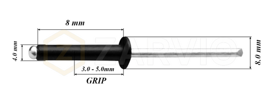 4.0mm x 8mm Black Blind Rivets ALU/STEEL Dome Head Pop Rivets – Aluminium Body Steel Mandrel