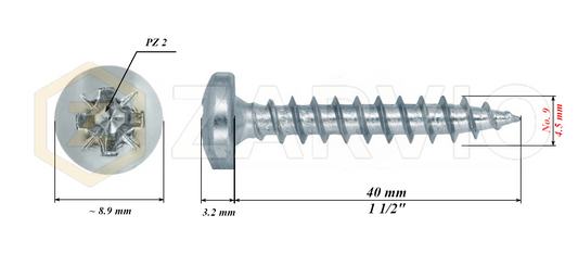 4.5mm x 40mm → (No.8 x 1 1/2") Pan Head Wood Screw – Fully Threaded, Zinc Plated