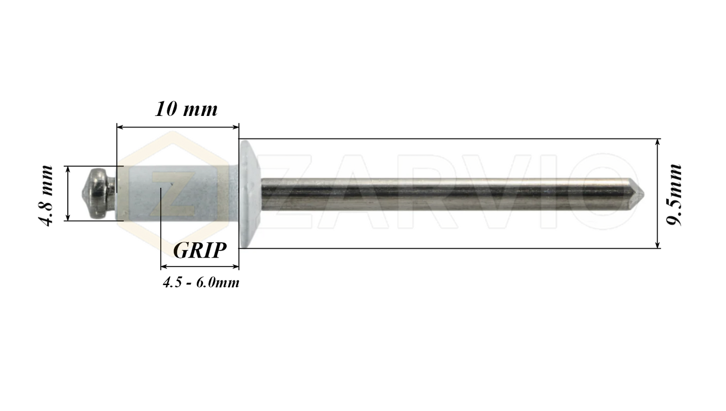 4.8mm x 10mm White Blind Rivets ALU/STEEL Dome Head Pop Rivets – Aluminium Body Steel Mandrel