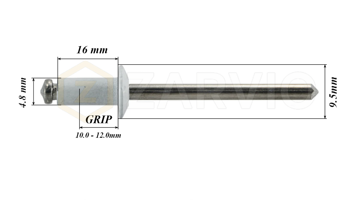 4.8mm x 16mm White Blind Rivets ALU/STEEL Dome Head Pop Rivets – Aluminium Body Steel Mandrel