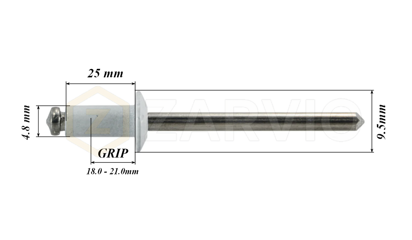 4.8mm x 25mm White Blind Rivets ALU/STEEL Dome Head Pop Rivets – Aluminium Body Steel Mandrel