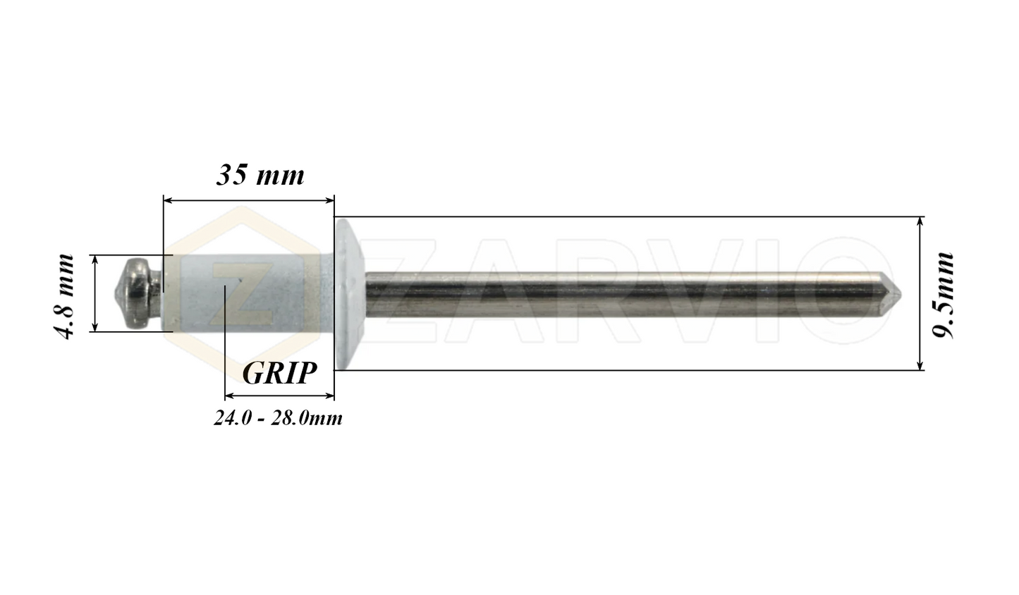 4.8mm x 35mm White Blind Rivets ALU/STEEL Dome Head Pop Rivets – Aluminium Body Steel Mandrel