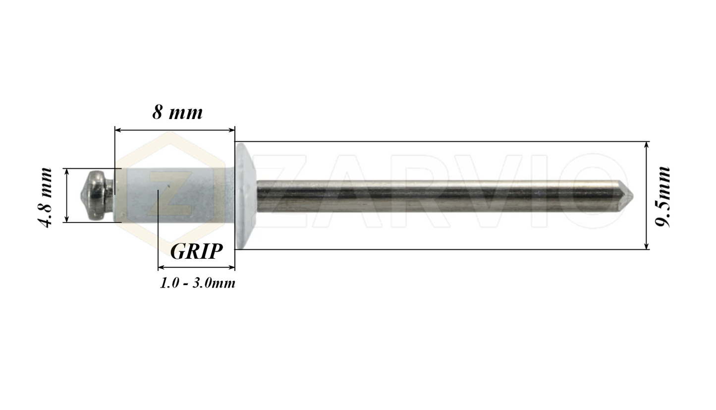 4.8mm x 8mm White Blind Rivets ALU/STEEL Dome Head Pop Rivets – Aluminium Body Steel Mandrel