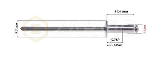 4.8mm x 10mm Flat head blind rivet, aluminum-steel
