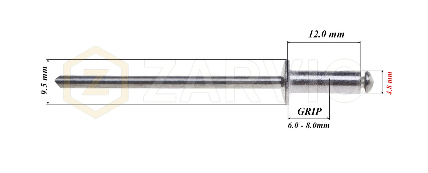 4.8mm x 12mm Flat head blind rivet, aluminum-steel