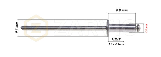 4.8mm x 8mm Flat head blind rivet, aluminum-steel