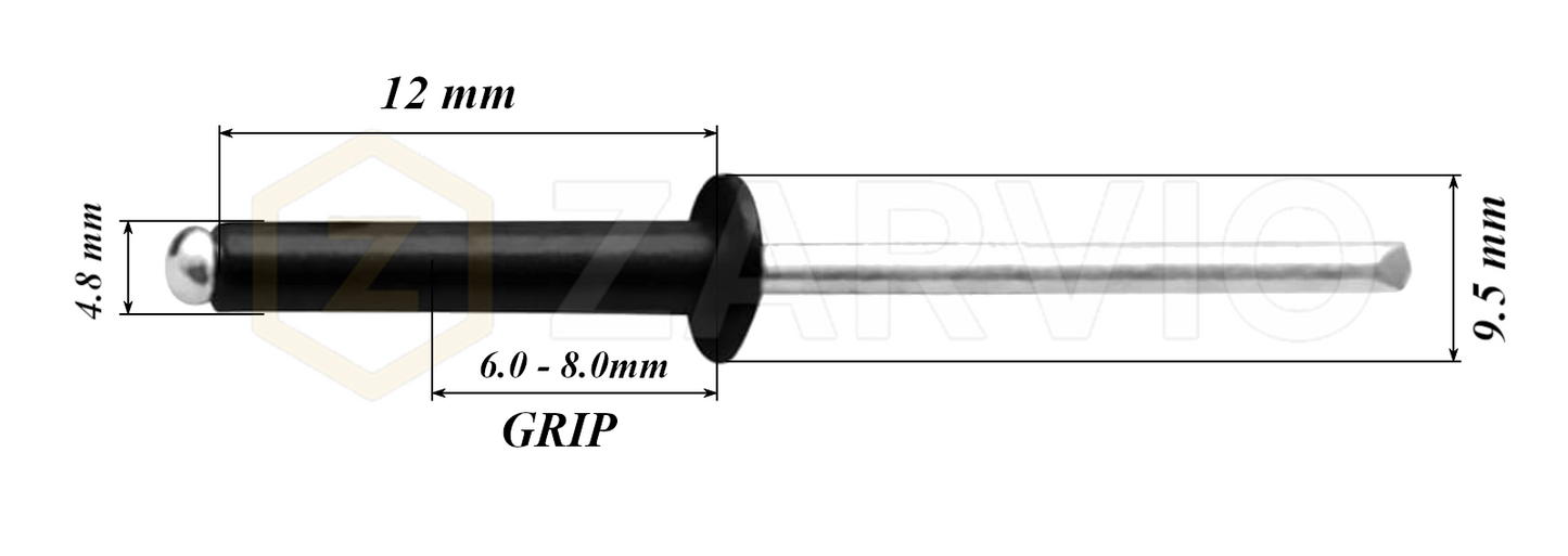 4.8mm x 12mm Black Blind Rivets ALU/STEEL Dome Head Pop Rivets – Aluminium Body Steel Mandrel