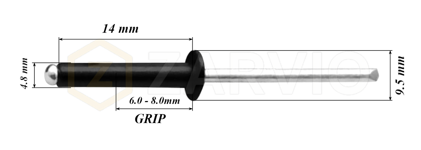 4.8mm x 14mm Black Blind Rivets ALU/STEEL Dome Head Pop Rivets – Aluminium Body Steel Mandrel