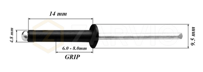 4.8mm x 14mm Black Blind Rivets ALU/STEEL Dome Head Pop Rivets – Aluminium Body Steel Mandrel