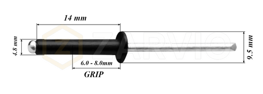 4.8mm x 14mm Black Blind Rivets ALU/STEEL Dome Head Pop Rivets – Aluminium Body Steel Mandrel