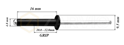 4.8mm x 16mm Black Blind Rivets ALU/STEEL Dome Head Pop Rivets – Aluminium Body Steel Mandrel