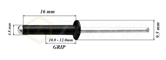 4.8mm x 16mm Black Blind Rivets ALU/STEEL Dome Head Pop Rivets – Aluminium Body Steel Mandrel