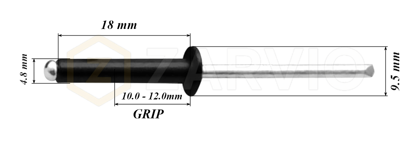 4.8mm x 18mm Black Blind Rivets ALU/STEEL Dome Head Pop Rivets – Aluminium Body Steel Mandrel
