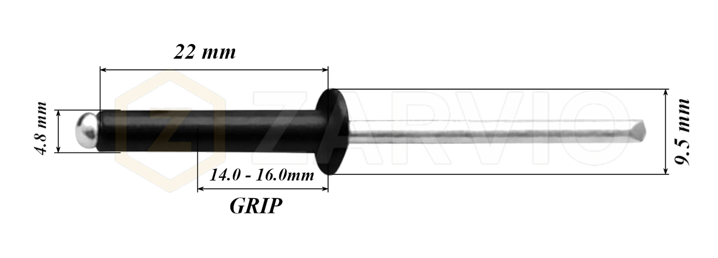 4.8mm x 22mm Black Blind Rivets ALU/STEEL Dome Head Pop Rivets – Aluminium Body Steel Mandrel