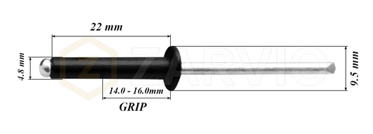 4.8mm x 22mm Black Blind Rivets ALU/STEEL Dome Head Pop Rivets – Aluminium Body Steel Mandrel