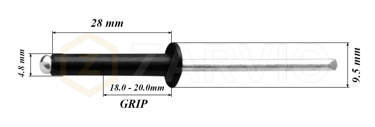 4.8mm x 28mm Black Blind Rivets ALU/STEEL Dome Head Pop Rivets – Aluminium Body Steel Mandrel