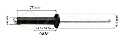 4.8mm x 28mm Black Blind Rivets ALU/STEEL Dome Head Pop Rivets – Aluminium Body Steel Mandrel