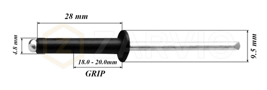 4.8mm x 28mm Black Blind Rivets ALU/STEEL Dome Head Pop Rivets – Aluminium Body Steel Mandrel