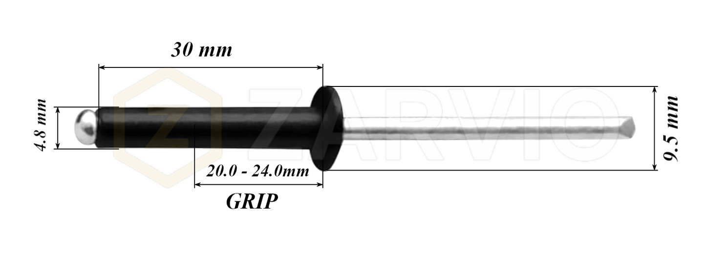 4.8mm x 30mm Black Blind Rivets ALU/STEEL Dome Head Pop Rivets – Aluminium Body Steel Mandrel