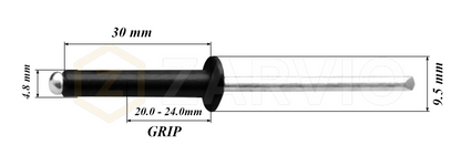4.8mm x 30mm Black Blind Rivets ALU/STEEL Dome Head Pop Rivets – Aluminium Body Steel Mandrel