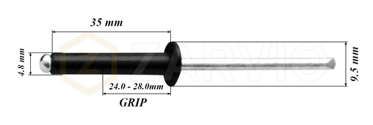 4.8mm x 35mm Black Blind Rivets ALU/STEEL Dome Head Pop Rivets – Aluminium Body Steel Mandrel