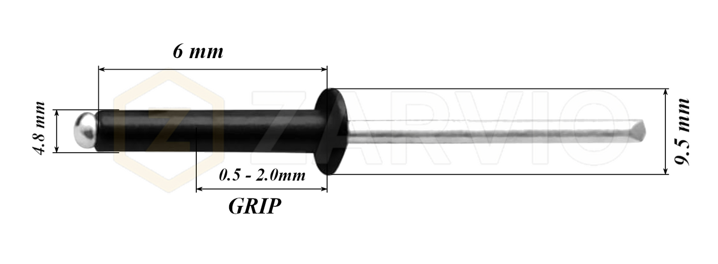 4.8mm x 6mm Black Blind Rivets ALU/STEEL Dome Head Pop Rivets – Aluminium Body Steel Mandrel