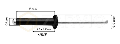 4.8mm x 6mm Black Blind Rivets ALU/STEEL Dome Head Pop Rivets – Aluminium Body Steel Mandrel