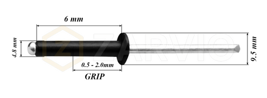 4.8mm x 6mm Black Blind Rivets ALU/STEEL Dome Head Pop Rivets – Aluminium Body Steel Mandrel