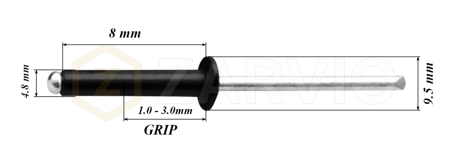 4.8mm x 8mm Black Blind Rivets ALU/STEEL Dome Head Pop Rivets – Aluminium Body Steel Mandrel